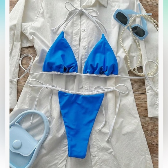 Micro bikini with tie up sides bottom and top blue with white strings size Med - Picture 2 of 4